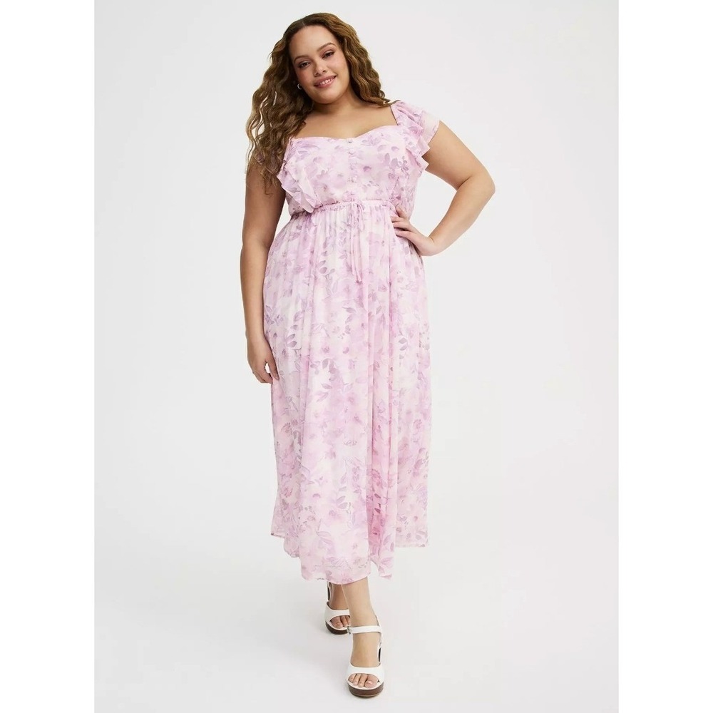 Torrid‎ 2X Purple Floral Ruffle Chiffon Maxi Dress Pink Sweetheart